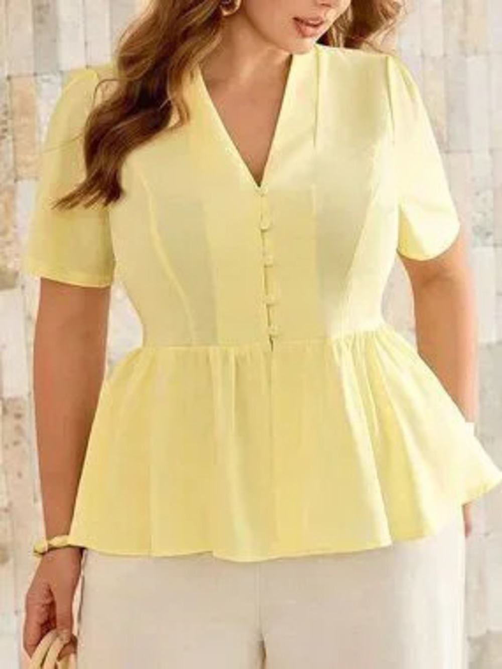Light Yellow Elegant Women's Regular Fit Puff Sleeve V-Neck Button Front Blouse